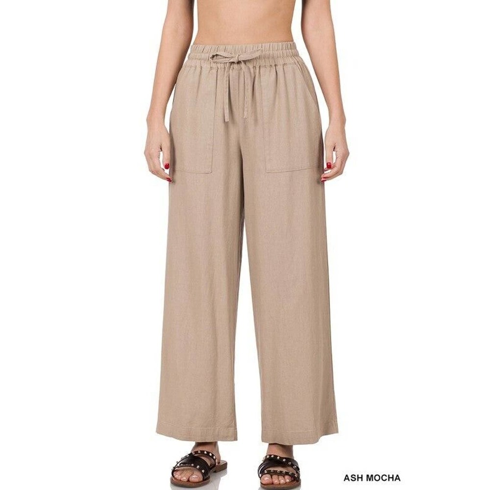 NWOT - ZENANA Ash Mocha Linen Drawstring Waist Palazzo Pants With Pockets Size L